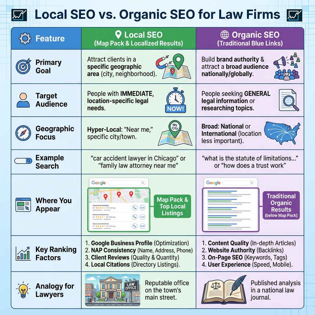 Organic SEO vs local SEO for lawyers